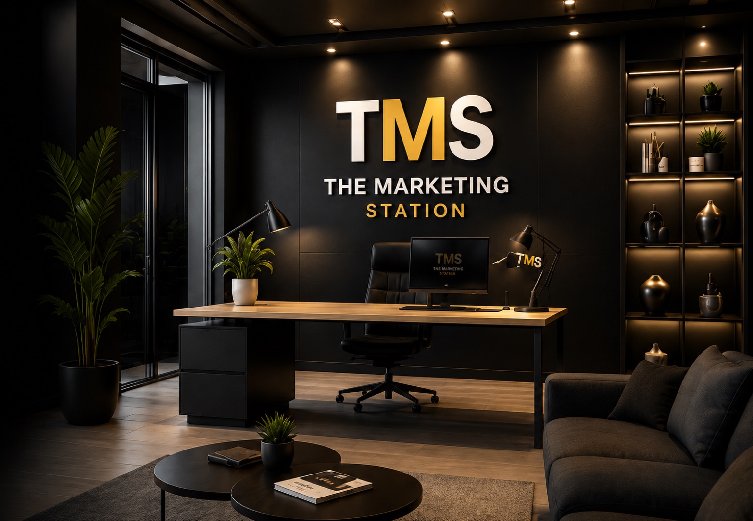 The Marketing Station office with the TMS logo on the wall