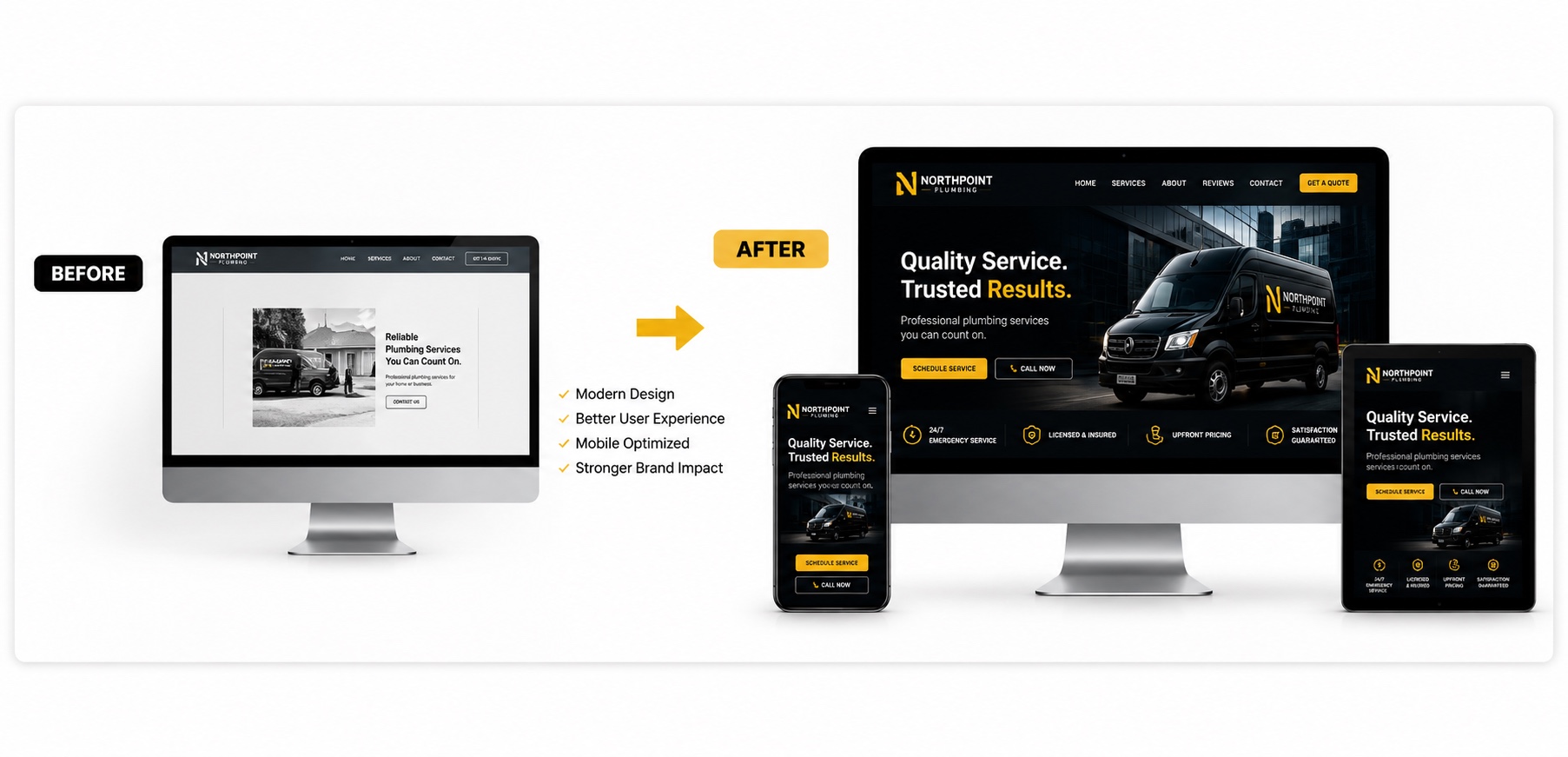Before and after: an outdated plumbing website rebuilt as a modern, mobile-optimised site