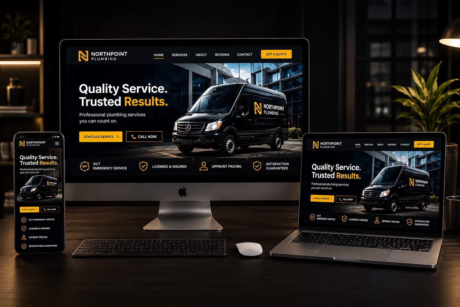 Website design shown on a desktop monitor, laptop and phone for a plumbing company