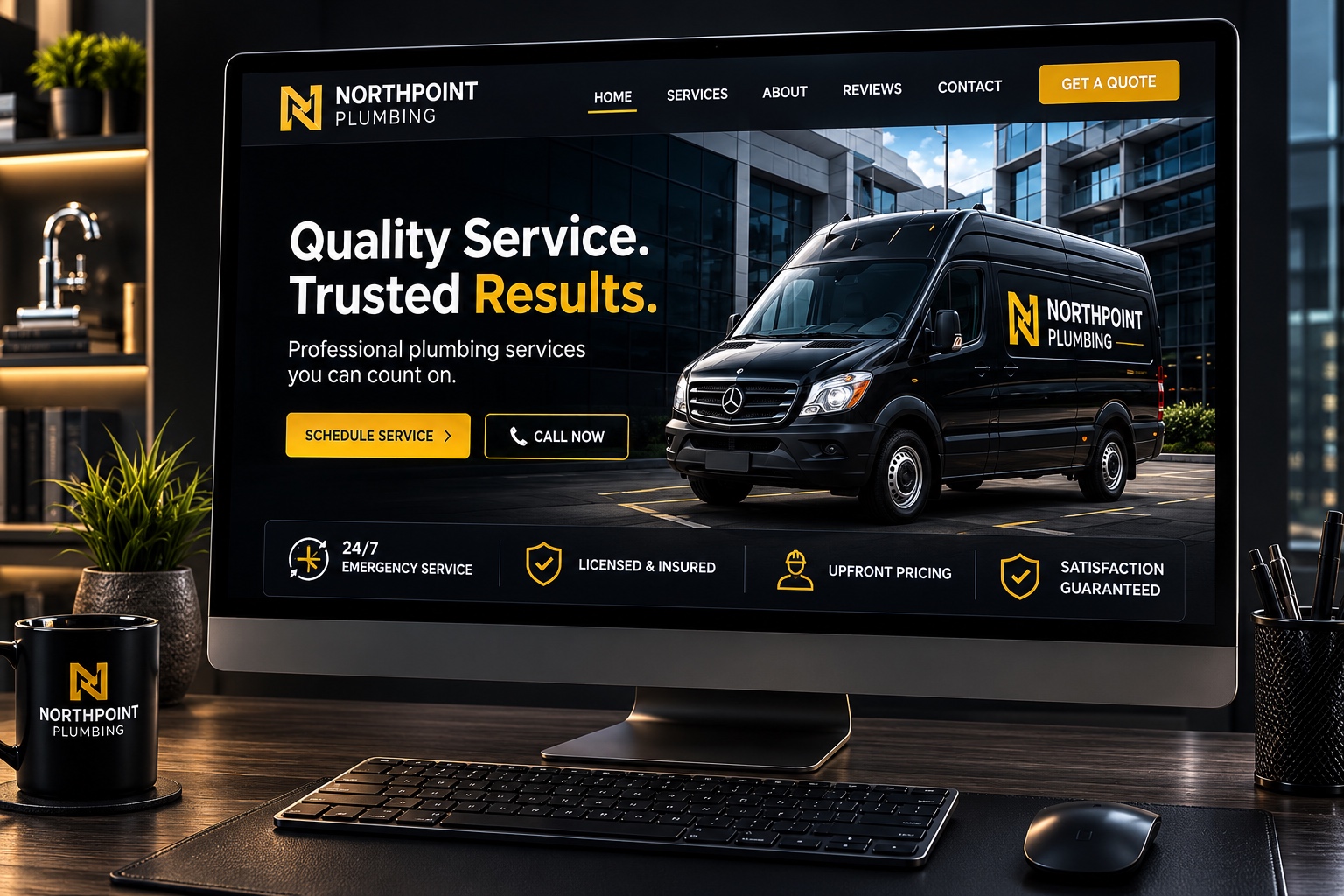 A desktop monitor showing a finished website design for a plumbing company